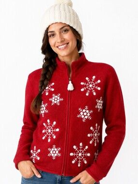Vtg Lisa Int. wool red snowflake cardigan boiled wool winter wonderland sz L